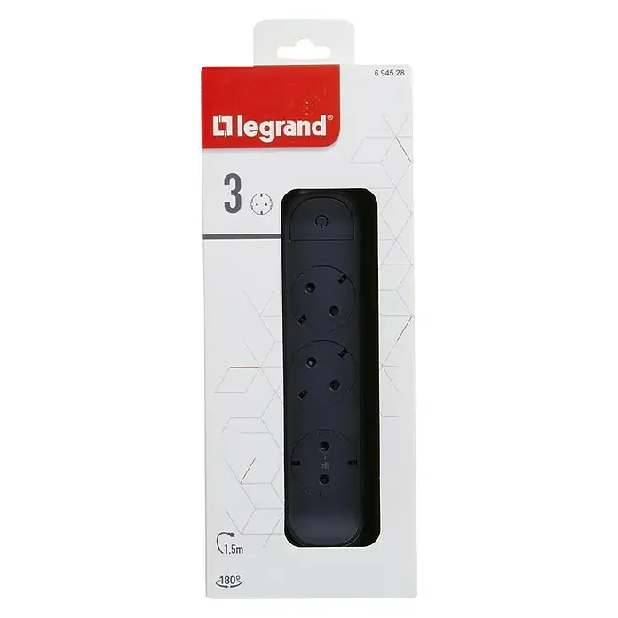 Legrand Base de enchufe múltiple Simple - x 3, Negro, Longitud del cable: 1,5 m, IP20, Con interruptor - Regleta negra de 3 tomas Legrand en embalaje blanco con el logotipo rojo de Legrand.