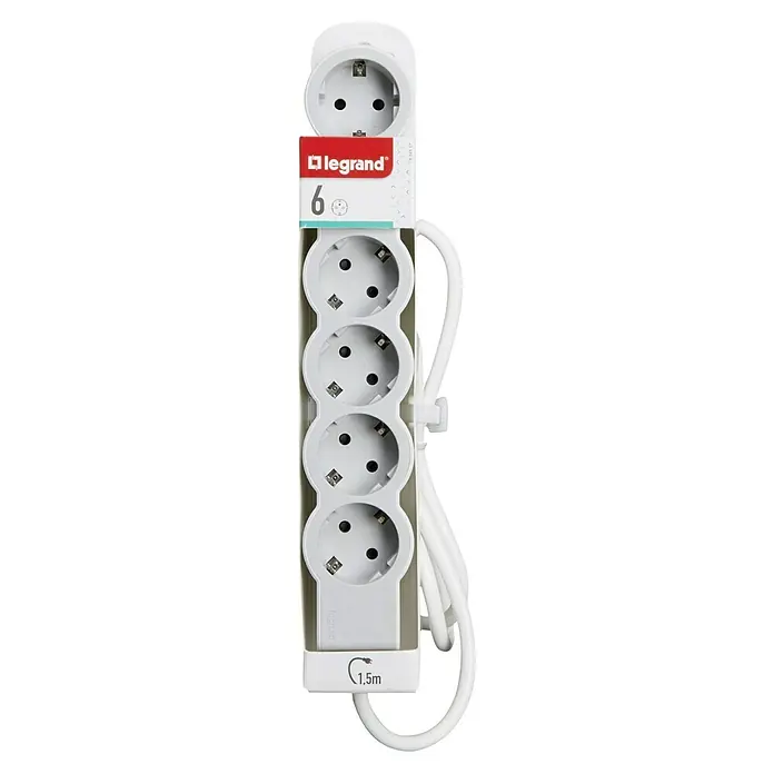 Legrand Base de enchufe múltiple Estándar - x 6, Gris, Longitud del cable: 1,5 m, IP20 - Regleta blanca Legrand con seis enchufes y un cable de 1,5 metros. Ideal para un uso flexible en el hogar o la oficina.