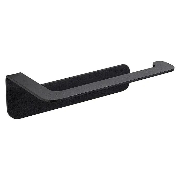 Camargue Antwerpen Papierrollenhalter - 16,5 x 9 x 5,5 cm, Schwarz, Matt - Eine Nahaufnahme eines modernen, schwarzen Handtuchhalters an einer Wand. Minimalistisches Design für Badezimmer oder Küche.