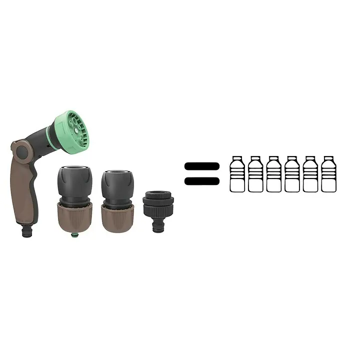 G.F. Garden Reco Multifunktionsbrause Set Easy - 4 -tlg. - Gartenspritzpistole mit Anschlussstücken, die dem Wasserverbrauch von sechs Wasserflaschen entspricht. Bewässern Sie Ihren Garten effizient.
