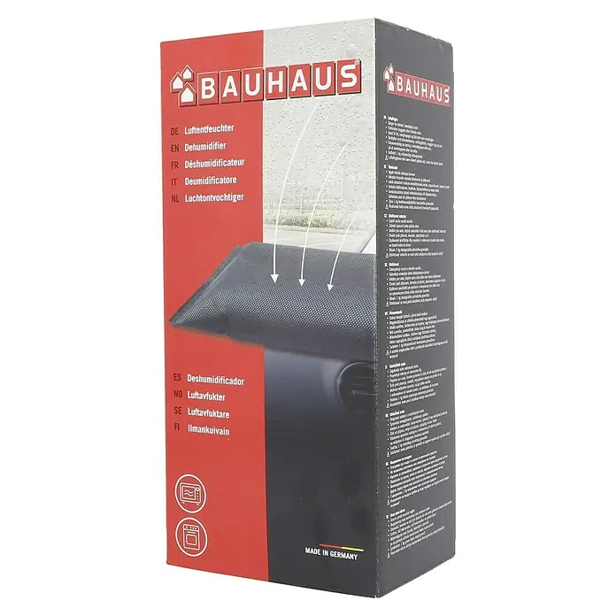 BAUHAUS Luftentfeuchter - Geeignet für: Autos - Produktverpackung für einen Auto-Luftentfeuchter der Marke Bauhaus, der Feuchtigkeit absorbiert und für klare Sicht sorgt.