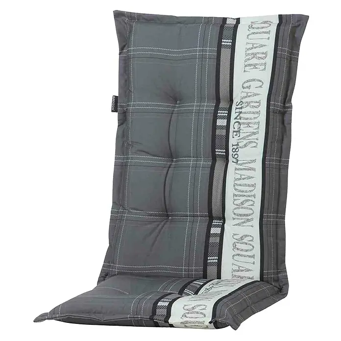 Gartenmöbel-Set Aruba/Elise - 9 -tlg., Baumwolle, Polyester, Graphit - Gepolsterte Gartenstuhlauflage mit grauem Karomuster und aufgedrucktem Schriftzug für bequemes Sitzen im Freien.