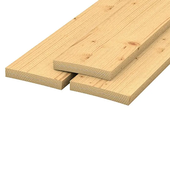Baudiele - 300 x 28 x 4,5 cm, Fichte - Das Bild zeigt drei helle, gehobelte Holzbretter, die übereinander gestapelt sind und deren Enden mit Fingerzinken verbunden sind.