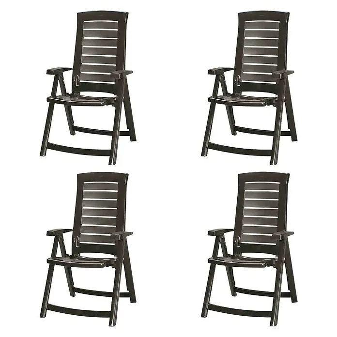Klappstuhl Aruba - 4 Stk., B x T x H: 72 x 61 x 110 cm, Graphit, 5-fach verstellbare Rückenlehne - Vier braune Gartenstühle mit Armlehnen, die sich ideal für den Außenbereich eignen und Komfort versprechen.