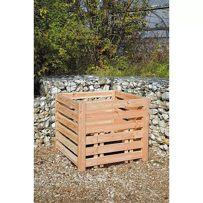 Rettenmeier Kombibrett - 200 x 9,5 x 1,9 cm, Douglasie - Heller Holzkomposter in einem Garten.