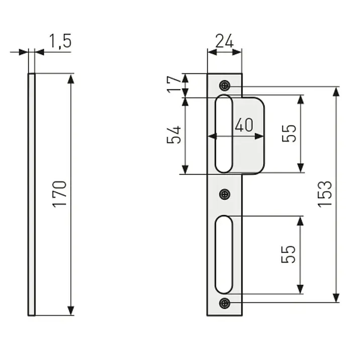 Abus Lappenschließblech LSB170 - DIN Anschlag: DIN-R, L x B: 170 x 24 mm, Silber - Schematische Darstellung eines Türschlosses mit Maßangaben für Bauanleitungen und technische Zeichnungen.