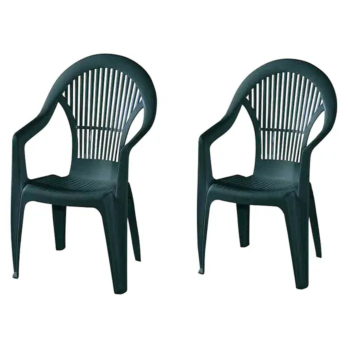 Stapelstuhl Vega im Set - 2 Stk., B x T x H: 41 x 39 x 93 cm, Grün, Gartenstuhl stapelbar - Zwei dunkelgrüne Gartenstühle aus Kunststoff auf schwarzem Hintergrund.