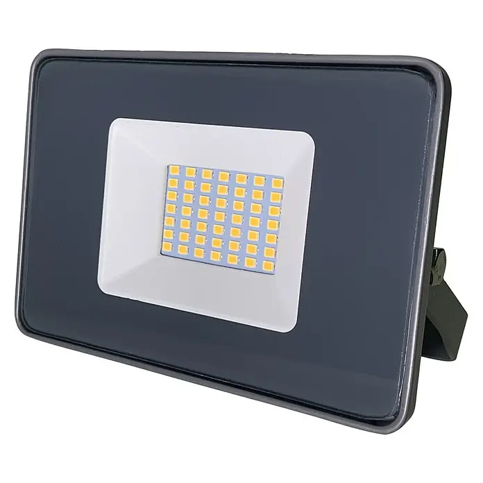 Profi Depot LED-Strahler - 10 W, 1.600 lm, 4.000 K, L x B x H: 13,6 x 4,4 x 9,4 cm, IP65 - Nahaufnahme einer LED-Flutlichtleuchte mit quadratischem Design und einem Gehäuse in dunklem Grau und Weiß.