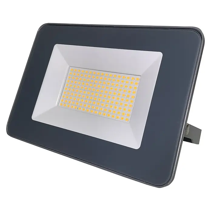 Profi Depot LED-Strahler - 30 W, 4.800 lm, 4.000 K, L x B x H: 21 x 3,7 x 14,7 cm, IP65 - Nahaufnahme einer LED-Flutlichtleuchte mit grauem Gehäuse und hellen LEDs, ideal für Außenbereiche und Sicherheitsbeleuchtung.