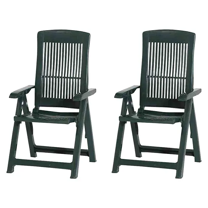 Progarden Klappstuhl Tampa im Set - 2 Stk., B x T x H: 44 x 50 x 111 cm, Grün, 4-fach verstellbare Rückenlehne - Zwei grüne Gartenstühle aus Kunststoff mit Armlehnen und vertikalen Streben im Rückenbereich vor schwarzem Hintergrund.