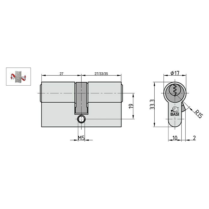 Basi Profilzylinder V50 mit N+G (Baulänge innen: 27 mm, Baulänge außen: 27 mm, Material Zylinder: Messing, Profilschlüssel, Mit Not- & Gefahrenfunktion) | BAUHAUS