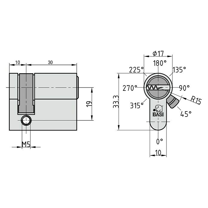 Basi Profilhalbzylinder V55 (Baulänge innen: 10 mm, Baulänge außen: 30 mm, Material Zylinder: Messing, Bohrmuldenschlüssel) | BAUHAUS