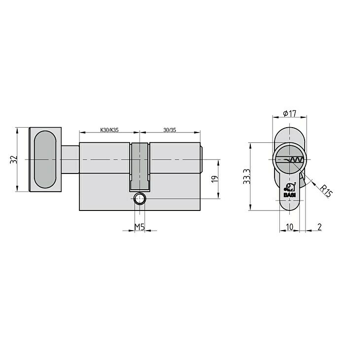 Basi Knaufzylinder V55 (Baulänge innen: 35 mm, Baulänge außen: 35 mm, Material Zylinder: Messing, Bohrmuldenschlüssel) | BAUHAUS