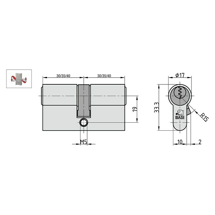 Basi Profilzylinder V50 mit N+G (Baulänge innen: 30 mm, Baulänge außen: 40 mm, Material Zylinder: Messing, Profilschlüssel, Mit Not- & Gefahrenfunktion) | BAUHAUS