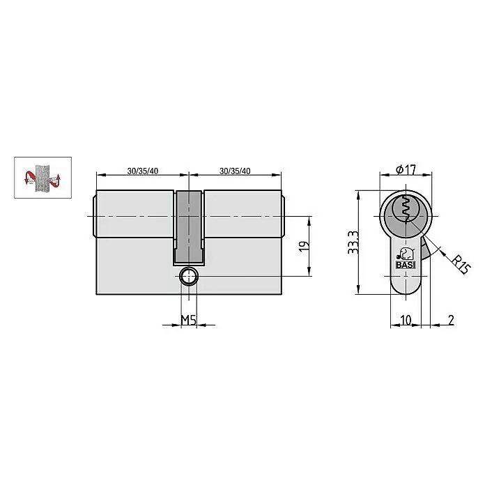 Basi Profilzylinder V50 mit N+GBaulänge innen: 40 mm, Baulänge außen: 40 mm, Material Zylinder: Messing, Profilschlüssel, Mit Not- & Gefahrenfunktion