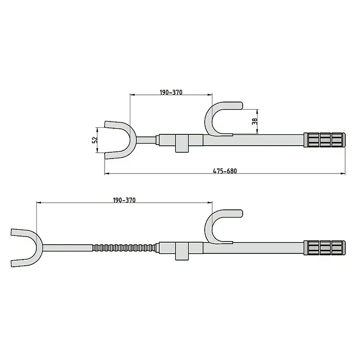 Basi Lenkradsperre KFZ 101 - Stahl, Länge: 370 mm - Schematische Darstellung einer Lenkradkralle mit Abmessungen, die die einstellbare Länge und die Greifweite hervorheben.