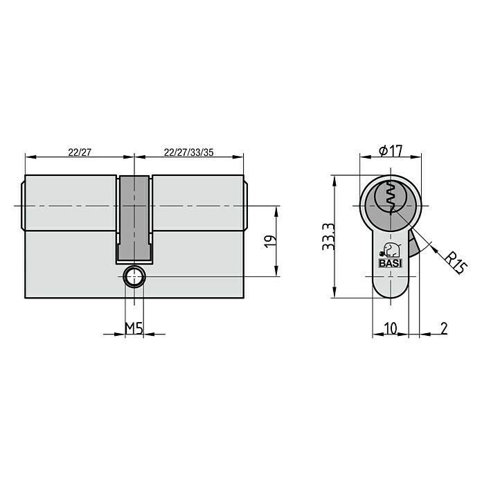 Basi Profilzylinder V50 (Baulänge innen: 27 mm, Baulänge außen: 25 mm, Material Zylinder: Messing, Profilschlüssel) | BAUHAUS