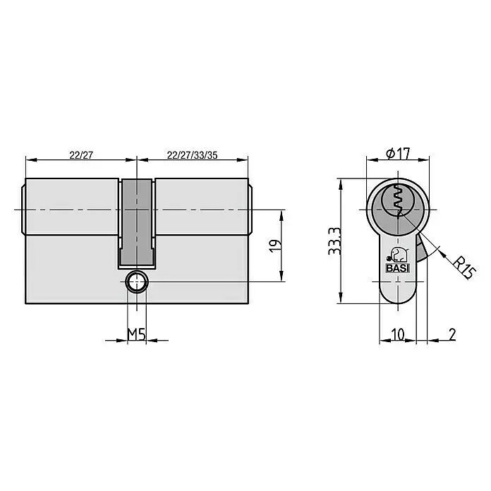 Basi Profilzylinder V50Baulänge innen: 27 mm, Baulänge außen: 35 mm, Material Zylinder: Messing, Profilschlüssel