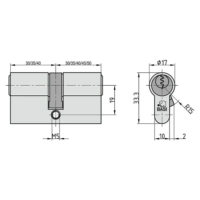 Basi Profilzylinder V50Baulänge innen: 40 mm, Baulänge außen: 50 mm, Material Zylinder: Messing, Profilschlüssel