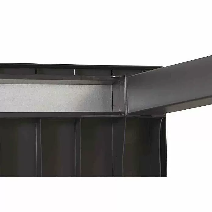 Gartenmöbel-Set Aruba/Futura - 13 -tlg., Baumwolle, Polyester, Graphit - Dunkelbraune Kunststoffecke einer Lagerbox mit grauer Auskleidung und Verbindungsbalken.