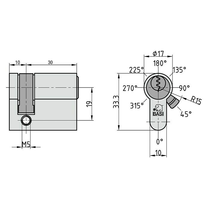 Basi Profilhalbzylinder V50 (Baulänge innen: 10 mm, Baulänge außen: 30 mm, Material Zylinder: Messing, Profilschlüssel) | BAUHAUS