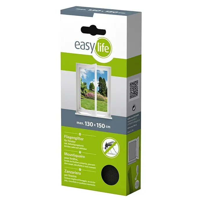 Easy Life Insektenschutzfenster - B x H: 130 x 150 cm, Farbe Netz: Anthrazit, Montage Insektengitter: Ankletten - Die Verpackung eines Easy Life Fliegengitters für Fenster, mit Größenangabe und Produktinformationen.
