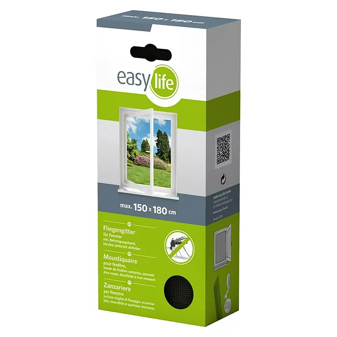 Easy Life Insektenschutzfenster - B x H: 150 x 180 cm, Farbe Netz: Anthrazit, Montage Insektengitter: Ankletten - Produktverpackung für ein Fliegengitter für Fenster, max. 150 x 180 cm, mit dem "easy life"-Logo und einer Abbildung eines Fensters.