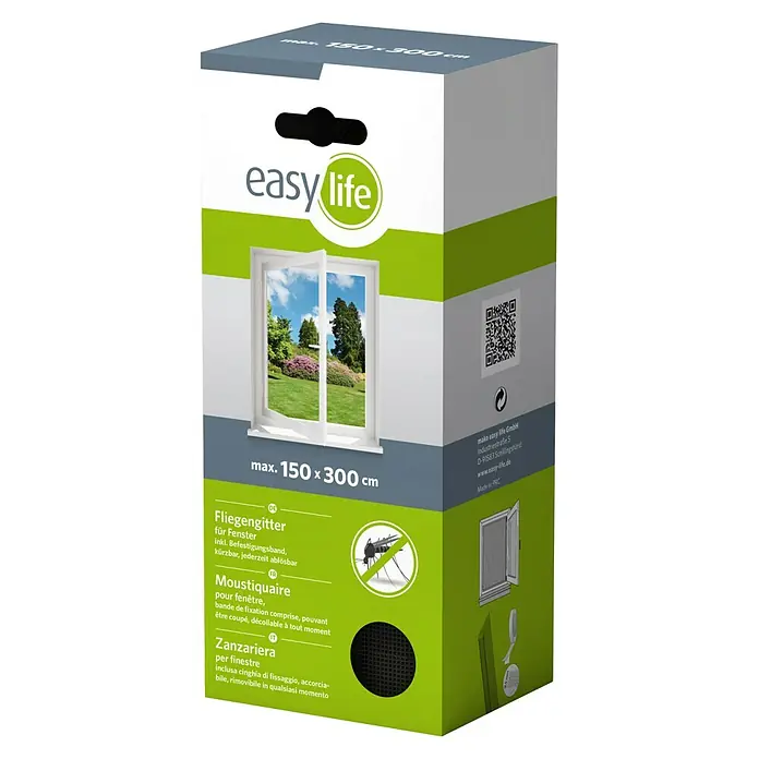 Easy Life Insektenschutzfenster - B x H: 150 x 300 cm, Farbe Netz: Anthrazit, Montage Insektengitter: Ankletten - Packungsinhalt: Easy Life Fliegengitter für Fenster, mit Befestigungsband, individuell kürzbar und jederzeit abnehmbar für unkomplizierten Insektenschutz.