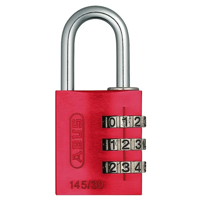 Abus Vorhängezahlenschloss Lock-Tag 145/30 - Bügelstärke: 5 mm, Rot, Anzahl Zahlenrollen: 3 Stk. - Nahaufnahme eines roten ABUS 145/30 Zahlenschlosses mit einem silbernen Bügel auf einem schwarzen Hintergrund.