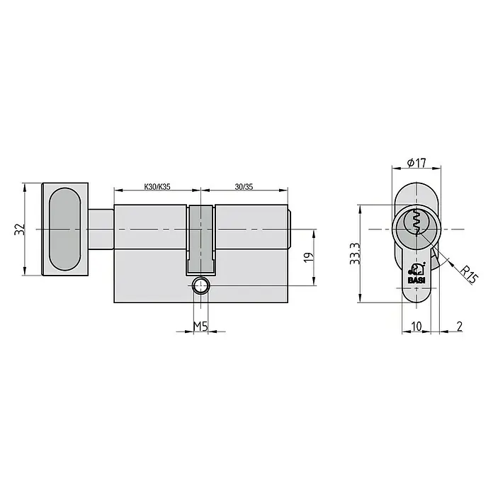 Basi Knaufzylinder V50Baulänge innen: 30 mm, Baulänge außen: 30 mm, Material Zylinder: Messing, Profilschlüssel