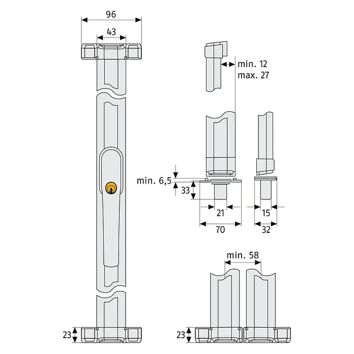 Abus Fenster-Stangenschloss FOS 550 - DIN Anschlag: Universell einsetzbar, Weiß - Technische Zeichnung eines Fenstergriffs mit Maßangaben für Montage und Design.