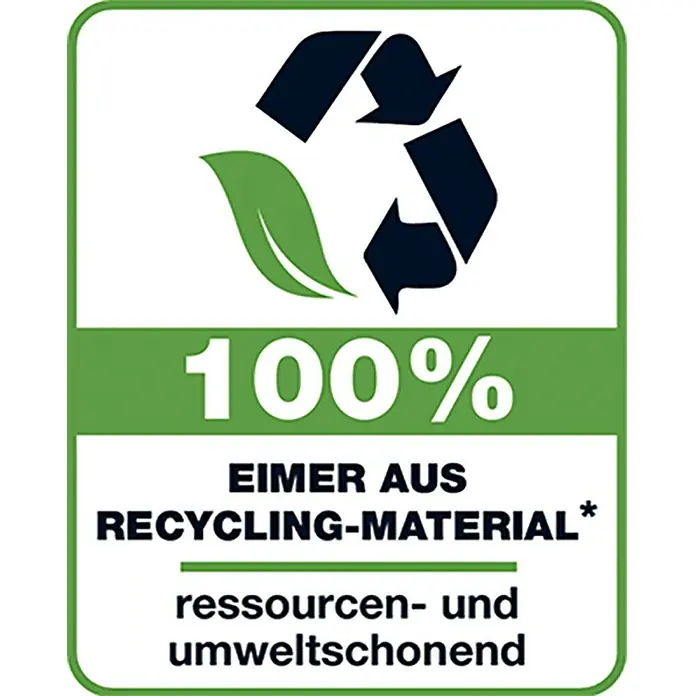swingcolor Latexfarbe - Schneeweiß, Seidenglänzend, 1 l, Konservierungsmittelfrei - Symbol, das anzeigt, dass der Eimer zu 100 % aus Recyclingmaterial besteht und ressourcen- und umweltschonend ist.