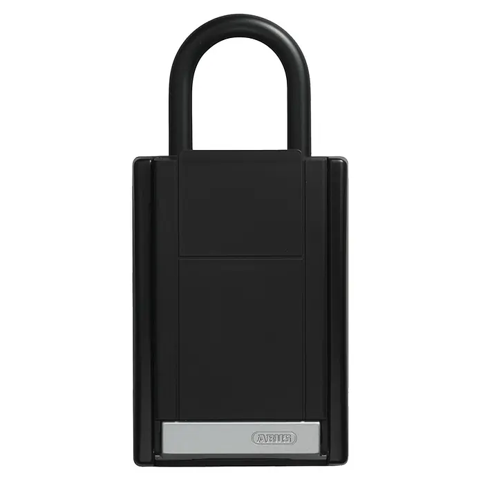 Abus Schlüsselbox Key Garage 777 - Geeignet für: Bis zu 20 Schlüssel, L x B x H: 47 x 84 x 180 mm, Mit Bügel - Das Bild zeigt ein schwarzes ABUS Schlüsseldepot mit einem silbernen ABUS-Logo, ideal für die sichere Aufbewahrung von Schlüsseln.