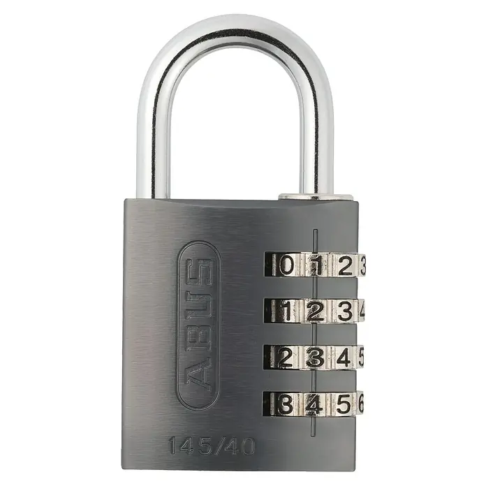 Abus Vorhängezahlenschloss Lock-Tag 145/40 - Bügelstärke: 6 mm, Sicherheitsstufe: 4, Titanium, Anzahl Zahlenrollen: 4 Stk. - Nahaufnahme eines ABUS 145/40 Zahlenschlosses, das die Kombination 1-2-3-4 anzeigt und Sicherheit bietet.