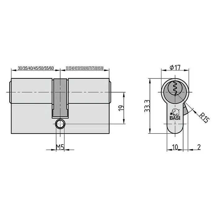 Basi Profilzylinder AS - Baulänge innen: 40 mm, Baulänge außen: 45 mm, Material Zylinder: Messing, Profilschlüssel - Abbildung eines Zylinderschlosses mit allen technischen Maßen.