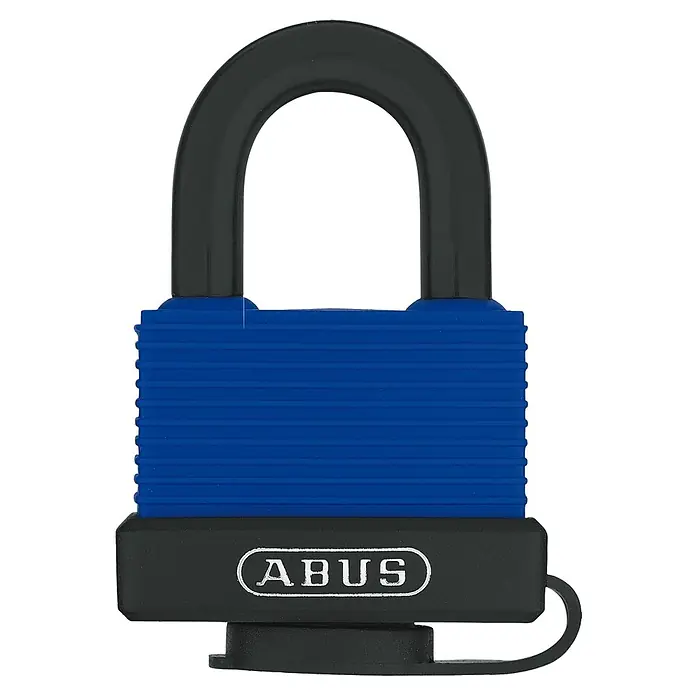 Abus Vorhangschloss Aqua Safe 70IB/45 Gleichschließend - B x H: 49 x 74 mm, Bügelstärke: 8 mm, Messing - Blaues ABUS-Vorhängeschloss mit schwarzem Bügel und Logo. Sicher und robust für vielseitige Anwendungen im Innen- und Außenbereich.
