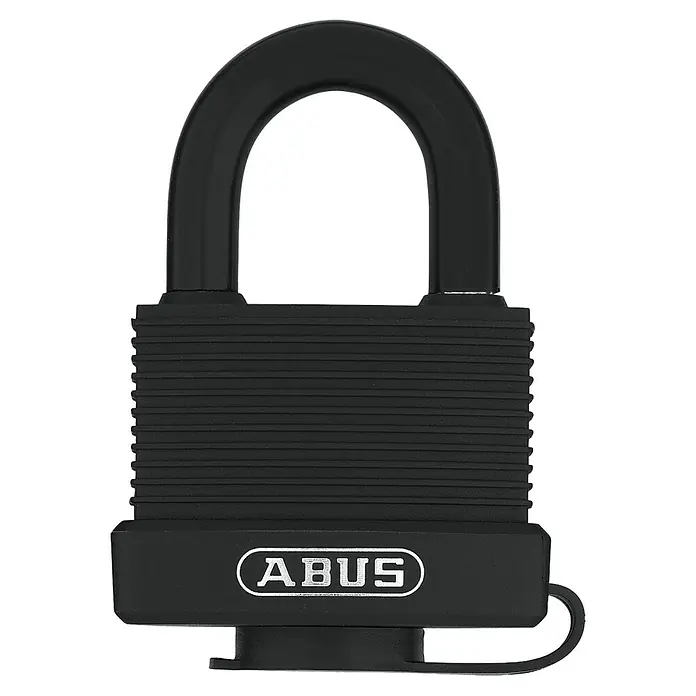 Abus Vorhängeschloss Aqua Safe 70IB/45 Gleichschließend - B x H: 49 x 74 mm, Bügelstärke: 8 mm, Messing, Schwarz - Nahaufnahme eines schwarzen ABUS-Vorhängeschlosses, das Robustheit und Sicherheit für verschiedene Anwendungen verspricht.