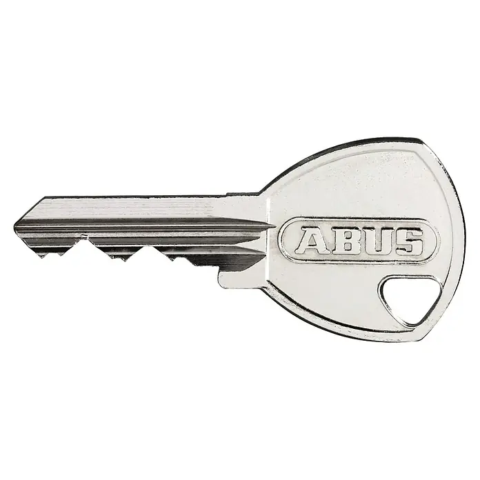 Abus Vorhängeschloss T65AL/40 - B x H: 43 x 62 mm, Bügelstärke: 6,5 mm, Aluminium, Blau - Nahaufnahme eines ABUS-Schlüssels mit präzisen Einschnitten und dem markanten ABUS-Logo, das Sicherheit und Qualität verspricht.