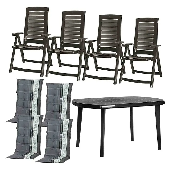 Gartenmöbel-Set Aruba/Elise - 9 -tlg., Baumwolle, Polyester, Graphit - Gartenset mit 4 Stühlen, Tisch & Auflagen: Gemütliches Ensemble für entspannte Stunden im Freien. Stilvolles Design für Garten und Terrasse.
