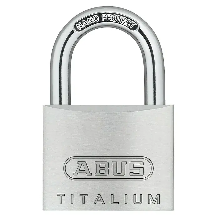 Abus Vorhängeschloss Titalium 64TI/20 Gleichschließend - B x H: 20 x 34 mm, Bügelstärke: 3,5 mm, Titalium-Spezialaluminium - Das Bild zeigt ein ABUS TITALIUM Vorhängeschloss mit NANO PROTECT Bügel, das robust und sicher ist. Ideal für den Schutz von Wertsachen.