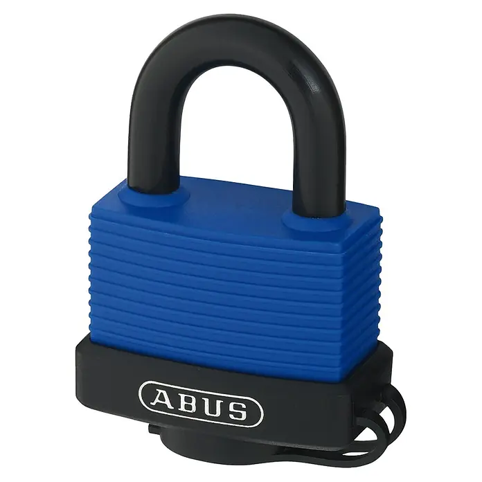 Abus Vorhangschloss Aqua Safe 70IB/45 HB63 Gleichschließend - B x H: 49 x 112 mm, Bügelstärke: 8 mm, Messing - Abus Vorhängeschloss: Robustes, blaues Vorhängeschloss mit schwarzem Bügel und ABUS-Logo, ideal für Sicherheit und Schutz.
