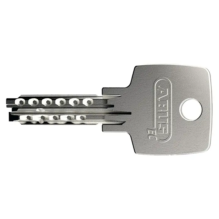 Abus Vorhängeschloss 96CSTI/60 Gleichschließend - B x H: 60 x 91 mm, Bügelstärke: 11 mm, Titalium-Spezialaluminium - Nahaufnahme eines ABUS EC-Schlüssels, der die komplexen Stiftanordnungen und das Markendesign hervorhebt, ideal für Sicherheitslösungen.