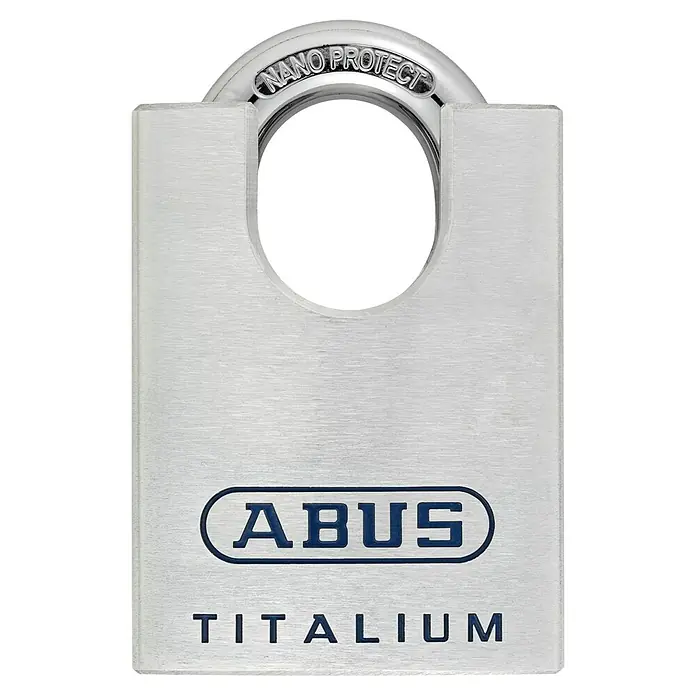 Abus Vorhängeschloss 96CSTI/35 Gleichschließend - B x H: 50 x 82 mm, Bügelstärke: 9,5 mm, Titalium-Spezialaluminium - Nahaufnahme eines ABUS TITALIUM-Vorhängeschlosses mit Nano Protect-Technologie, das Sicherheit und Korrosionsbeständigkeit bietet.
