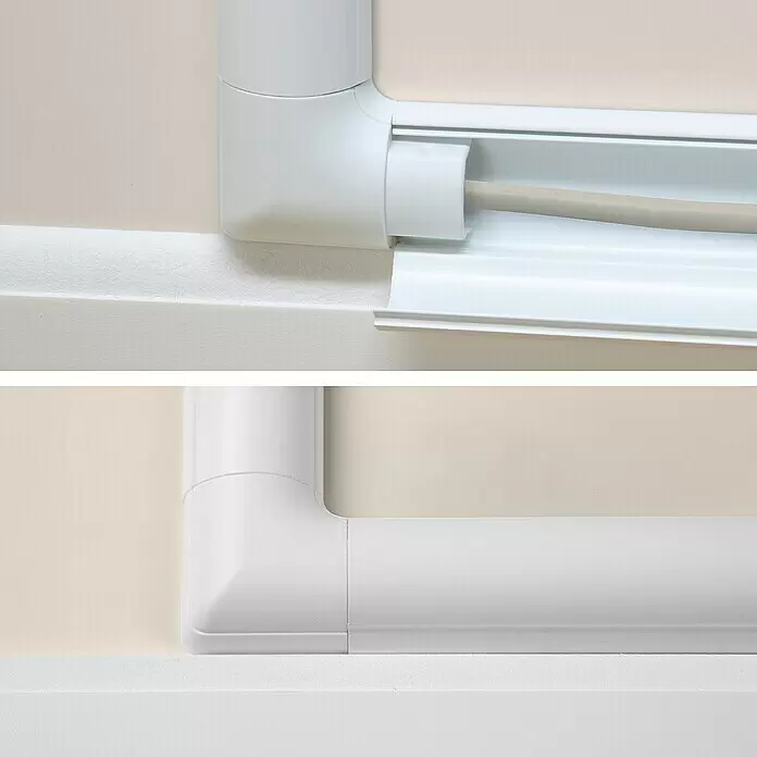 D-Line Kabelkanal-Zubehörkit - Weiß, Passend für: D-Line Kabelkanal 30 x 15 mm - Weißes Kunststoff-Kabelkanal-Eckstück und gerade Abschnitte zur Wandmontage. Ein Abschnitt ist offen und zeigt ein Kabel.