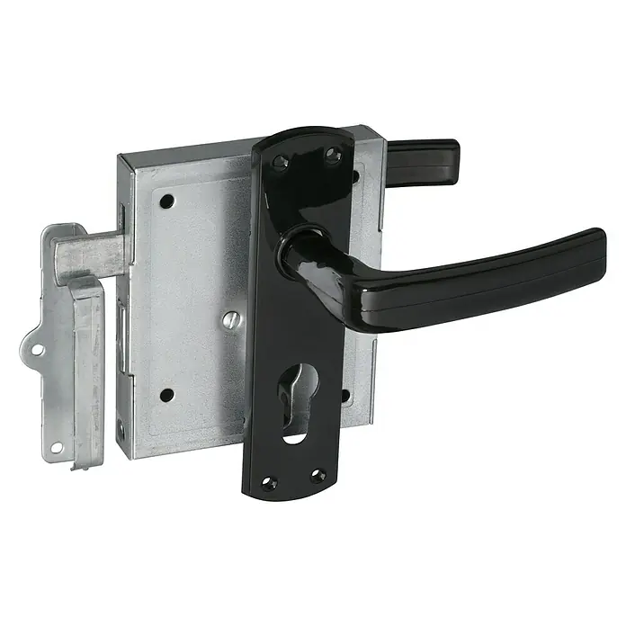 Abus Aufschraub-Riegelschloss ASS HF PZ - Schwarz, Passend für: Profilzylinderschloss - Türbeschlag mit schwarzem Griff und silberner Mechanik, ein robustes und funktionales Design für Sicherheit und Komfort.