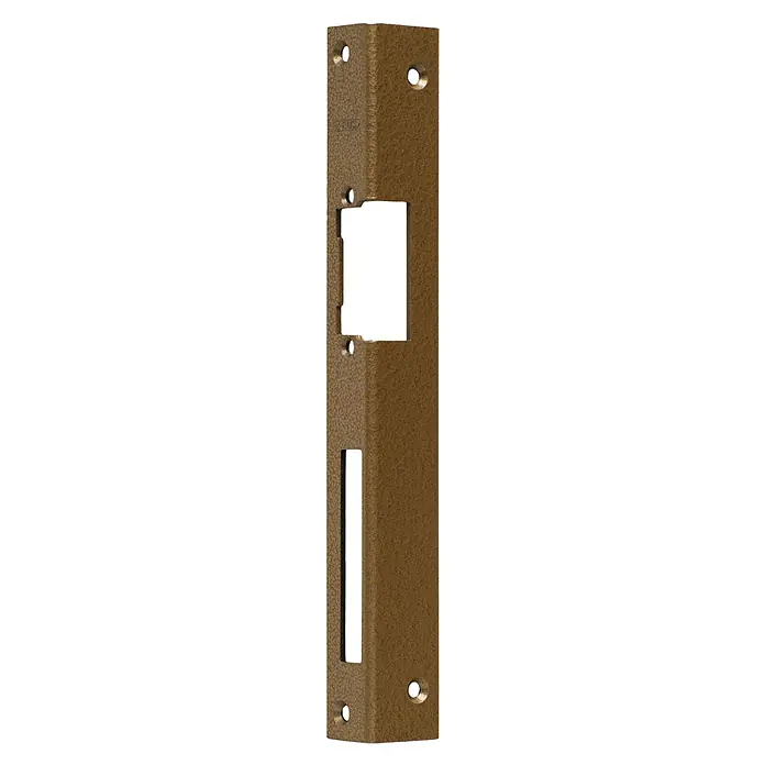 Abus Winkelschließblech WST L HG - DIN Anschlag: DIN-L, L x B x H: 250 x 39 x 23 mm - Nahaufnahme einer bronzefarbenen Türschließblech mit Aussparungen und Schraubenlöchern, ideal für Haustürsicherheit.