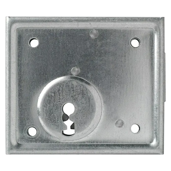 Abus Aufschraub-Riegelschloss ASS BB - Silber, L x B x H: 87 x 100 x 16 mm - Nahaufnahme eines silberfarbenen Einsteckschlosses mit Schlüsselloch, das auf einem schwarzen Hintergrund präsentiert wird.
