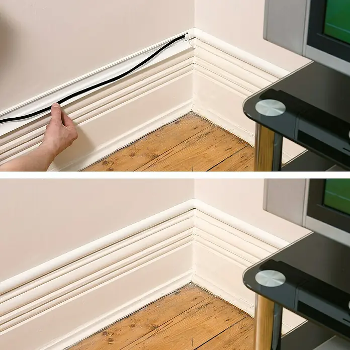 D-Line Kabelkanal-Zubehörkit - Weiß, Passend für: D-Line Kabelkanal 30 x 15 mm - Vorher-Nachher-Ansicht einer Kabelkanalinstallation entlang einer Fußleiste, die Kabel versteckt.