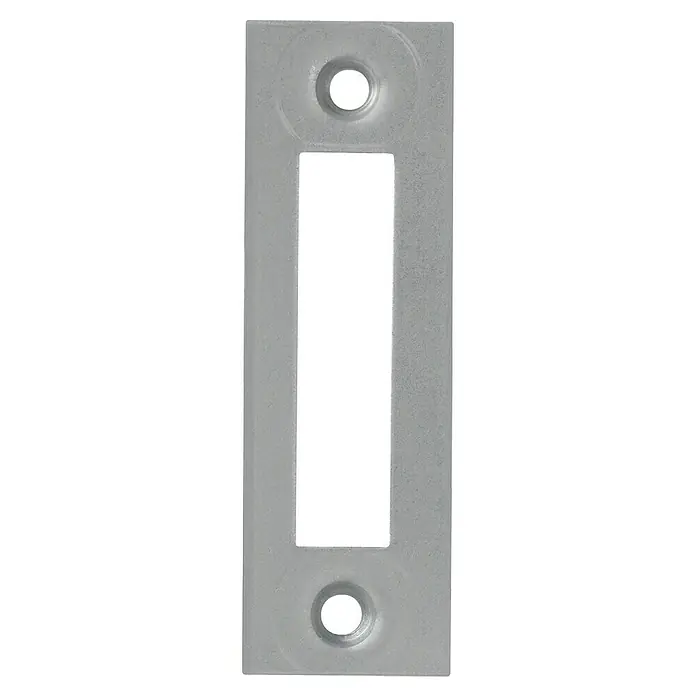 Abus Aufschraub-Riegelschloss ASS BB - Silber, L x B x H: 87 x 100 x 16 mm - Eine längliche, silberfarbene Abdeckplatte mit zwei Schraubenlöchern und einem rechteckigen Ausschnitt in der Mitte für Elektronikkomponenten.