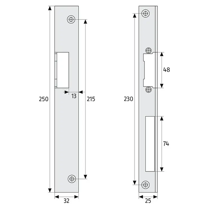 Abus Winkelschließblech WST R HG - DIN Anschlag: DIN-R, L x B x H: 250 x 40 x 20 mm - Abbildung einer elektrischen Türöffner-Gegenplatte mit Maßen. Die Gegenplatte ist aus Metall und hat eine rechteckige Form.